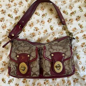 Coach Beige and Burgundy Tote Shoulder Bag